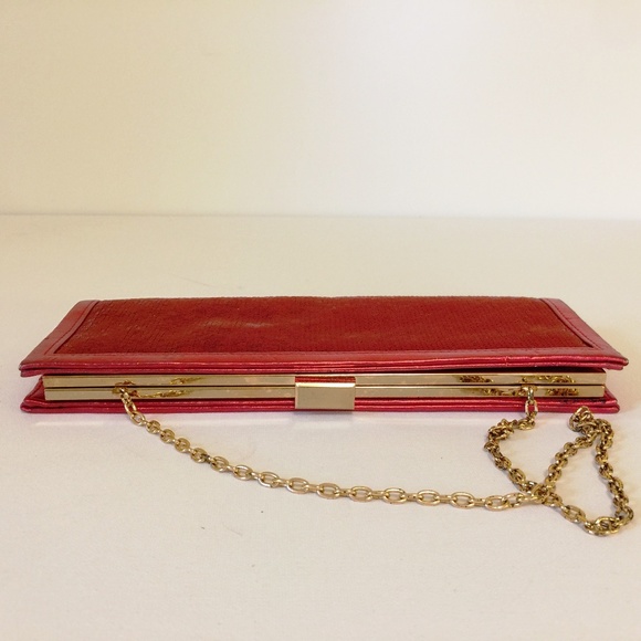 Scarlet Red Evening Party Sequins Clutch Gold Chain - Picture 2 of 9